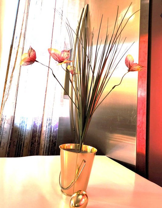 GOLD POT BUTTERFLY-KISSED GRASS PLANT - This classy vintage style gold tone pot is great as a centerpiece for indoor or outdoor occasion, weddings or any special gathering and a perfect gift choice.