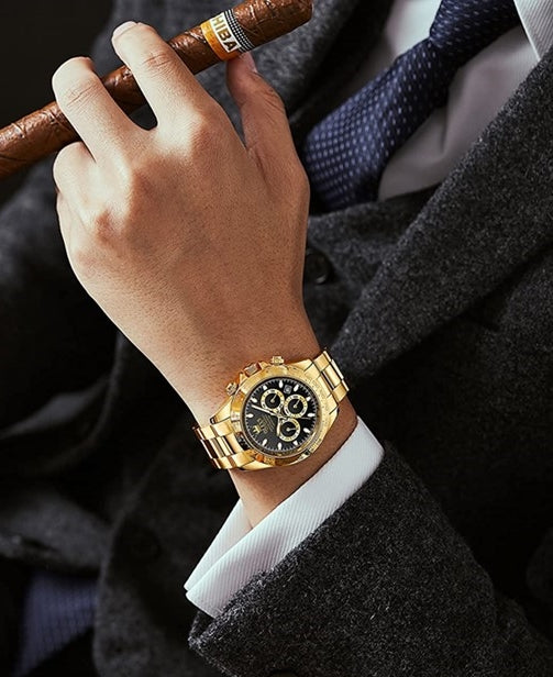 Elevate your casual style with this Gold-Tone George dressy style watch. This surprising sleek timepiece blends functionality with serious bling, featuring a crystal pave dial and a gleaming gold-tone finish