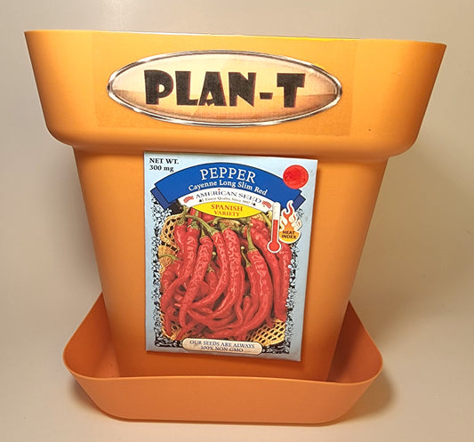 PLAN-T CAYENNE PEPPER PLANTER PACK - Package includes: 1. Potting Soil: Ready-mix organic soil formulated with green waste compost, Redwood shavings, Perlite and sand. 2. Seed Pack with growing instructions on back. 3. Planter with drain saucer - 8x8x8"