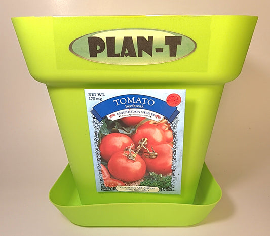 PLAN-T BEEFSTEAK TOMATO PLANTER PACK - Package includes: 1. Potting Soil: Ready-mix organic soil formulated with green waste compost, Redwood shavings, Perlite and sand. 2. Seed Pack with growing instructions on back. 3. Planter with drain saucer - 8x8x8"
