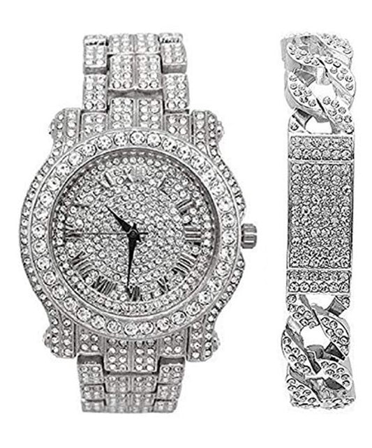 Bling-ed Out Luxury Mens Watch with Iced-ed Look Cuban ID Silver Bracelet.   Dilzzy.com