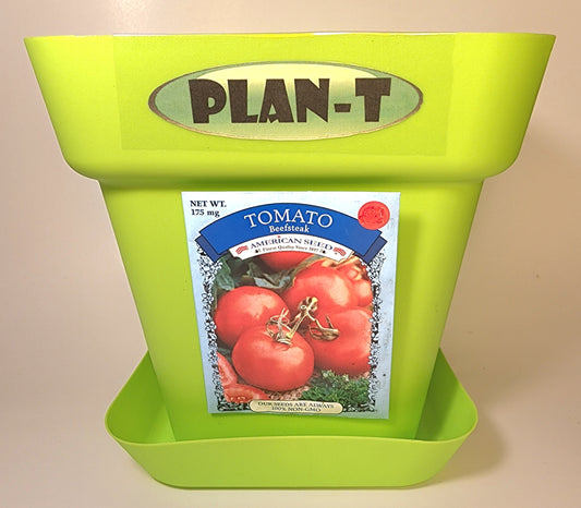 PLAN-T BEEFSTEAK TOMATO PLANTER PACK - Package includes:  1. Potting Soil: Ready-mix organic soil formulated with green waste compost, Redwood shavings, Perlite and sand.  2. Seed Pack with growing instructions on back.  3. Planter with drain saucer - 8x8x8"